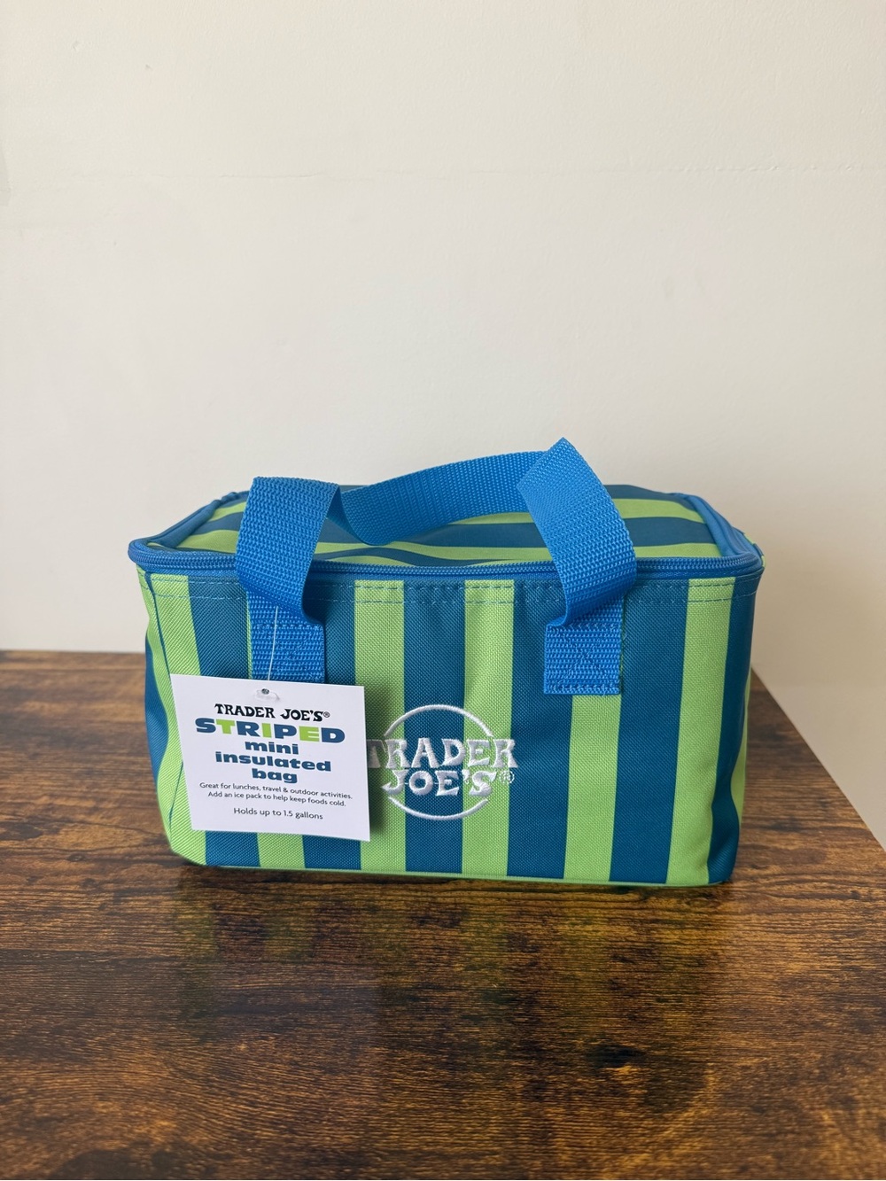 Authentic Trader Joe's Striped Insulated Mini Bag in Blue & Lime Green